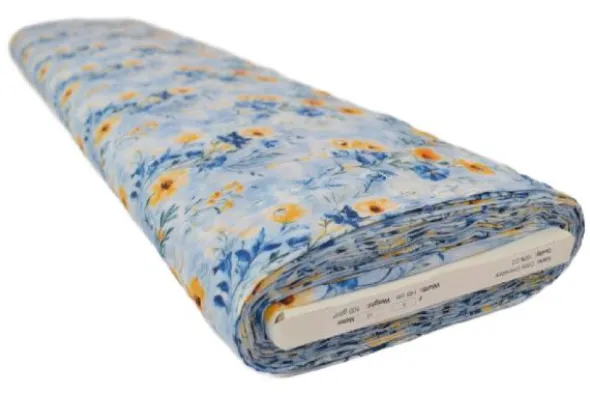Broderie Katoen Print - Blue and Yellow Flowers on Blue
