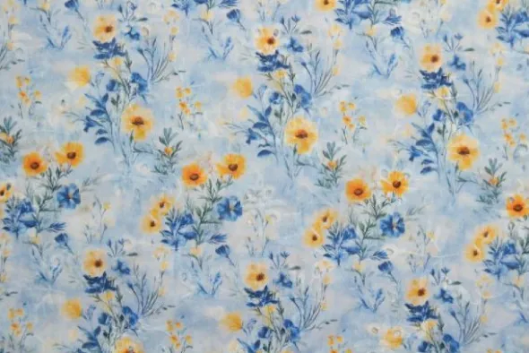 Broderie Katoen Print - Blue and Yellow Flowers on Blue