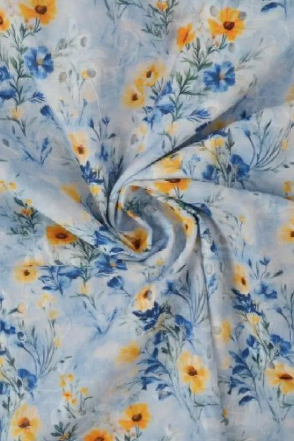 Broderie Katoen Print - Blue and Yellow Flowers on Blue