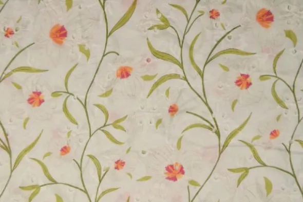 Broderie Katoen Print - Fuchsia/Orange Flowers on White