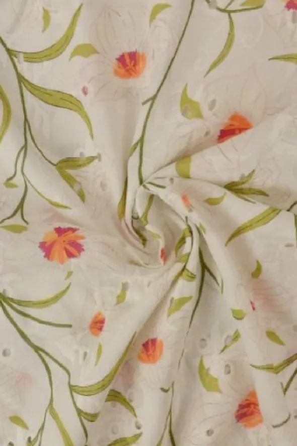 Broderie Katoen Print - Fuchsia/Orange Flowers on White