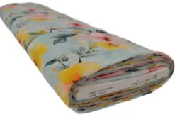 Broderie Katoen Print - Pink/Yellow Summerflowers on Soft Blue