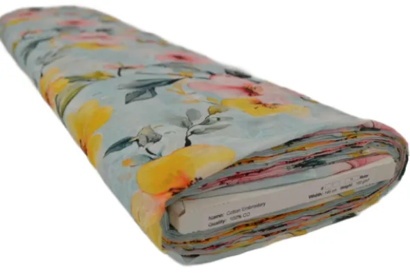Broderie Katoen Print - Pink/Yellow Summerflowers on Soft Blue