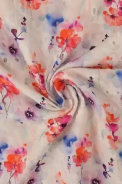 Broderie Katoen Print - Purple/Pink/Orange Flowers on White