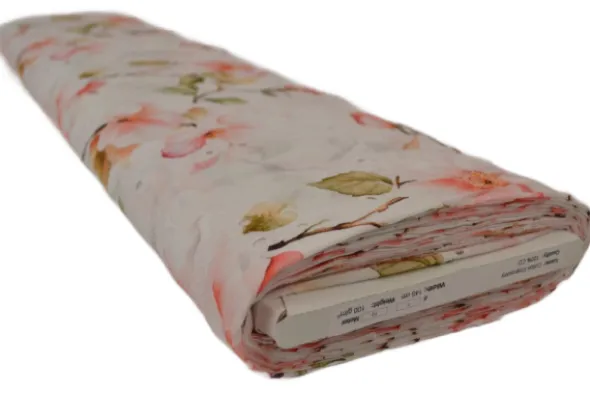 Broderie Katoen Print - Soft Coral Blossom on White