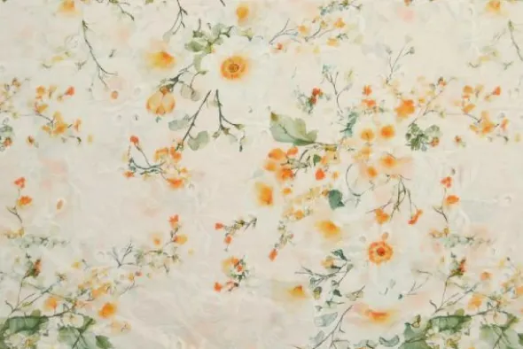 Broderie Katoen Print - Sunny Yellow/Orange Flowers on White