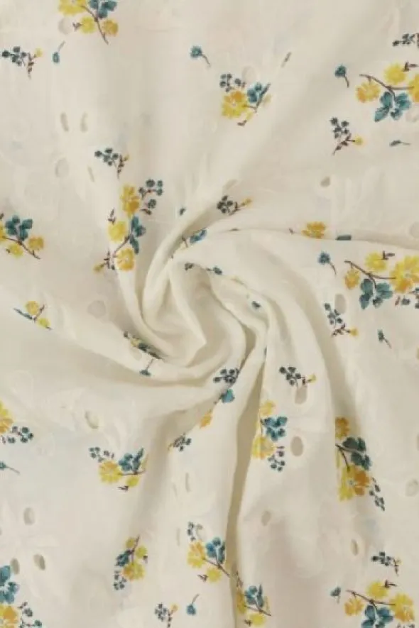 Broderie Katoen Print - Tiny Yellow Flowers on White