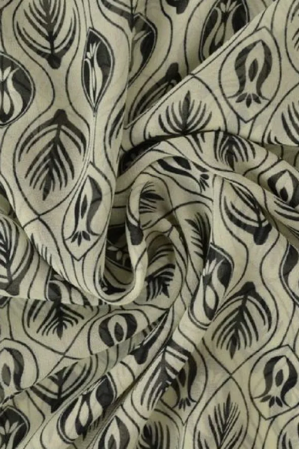 Chiffon - Black Graphic Flowers on Off White