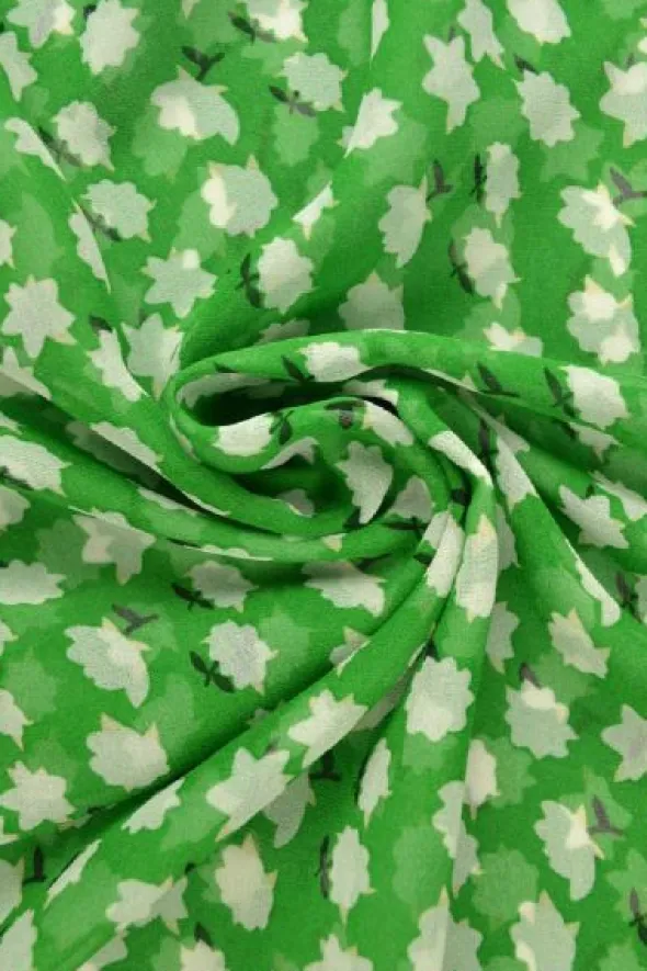 Chiffon - White Flowers on Grass Green