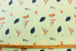 Fleece Print - Blue Autumn Leaves on Mint