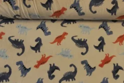 Fleece Print - Blue/Rusty Dinosaur on Light Taupe