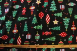 Fleece Print - Christmas Trees and Ornaments on Black