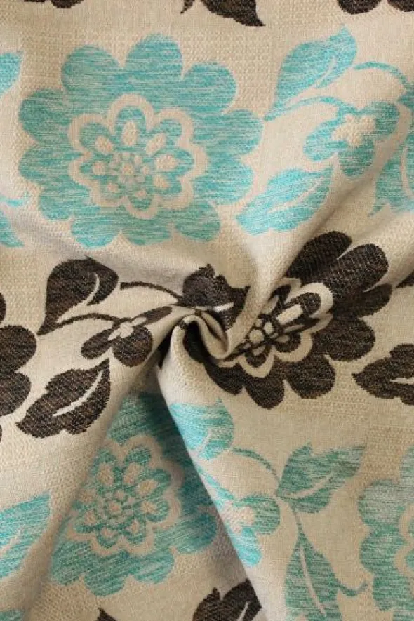 Jacquard Gobelin - Big Brown and Blue Flowers on Beige