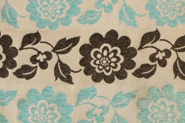 Jacquard Gobelin - Big Brown and Blue Flowers on Beige