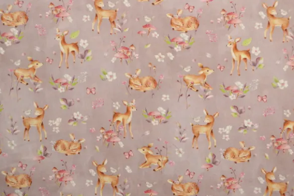 Katoen - Baby Deer in Nature on Taupe/Grey