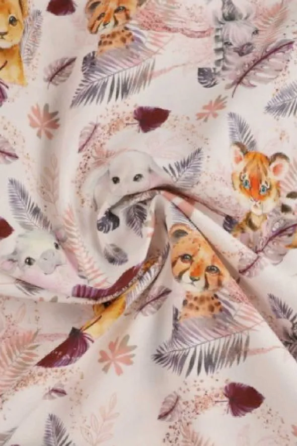 Katoen - Baby Safari Animals White/Bordeaux/Pink