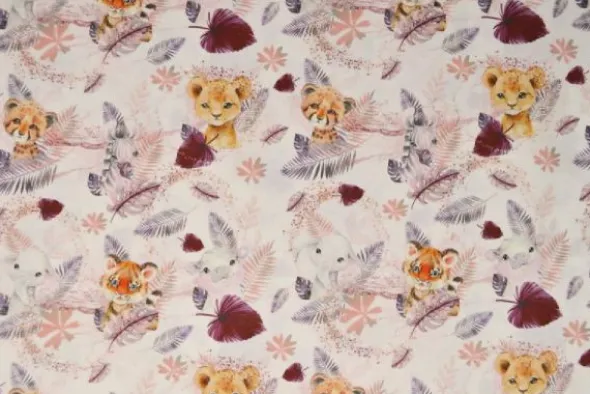 Katoen - Baby Safari Animals White/Bordeaux/Pink