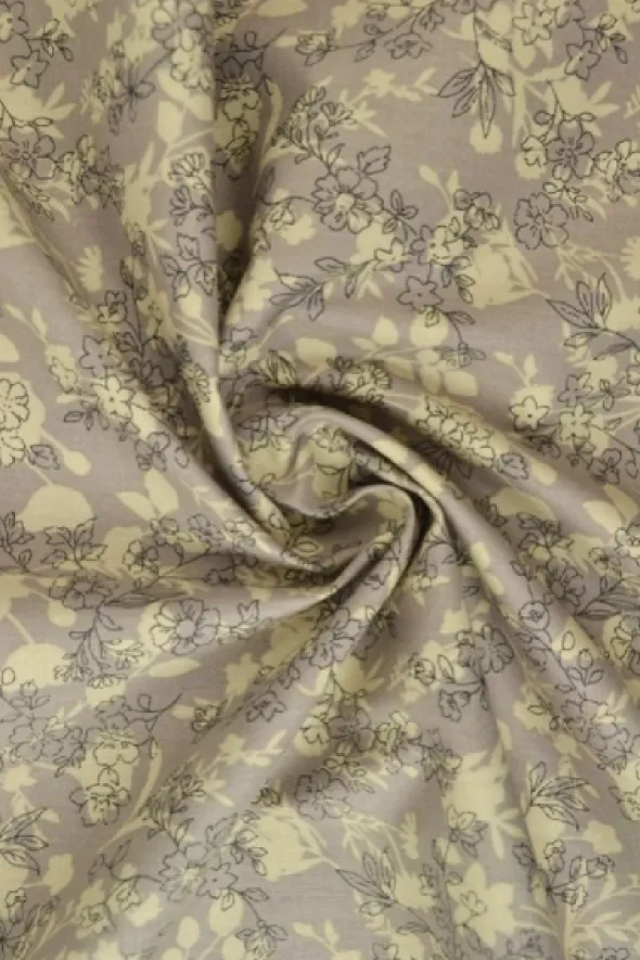 Katoen - Beige Flower Branches on Taupe