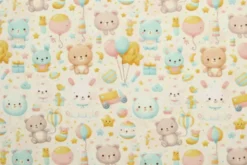 Katoen - Blue/Pink/Yellow Baby Animal Party and Balloons on White