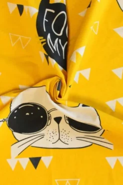 Katoen Canvas - Big Cat Faces on Yellow