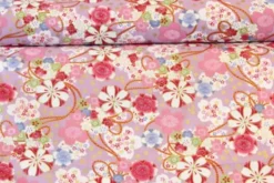 Katoen Canvas - Colorfull Flowers with Gold on Lilac
