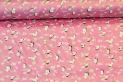 Katoen Canvas - Flying Golden Crane Bird on Pink