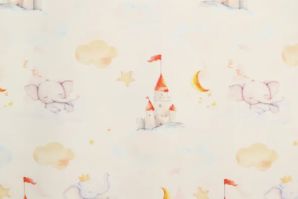 Katoen - Dreamy elephant and Castles on White