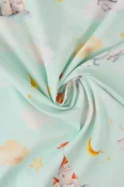 Katoen - Dreamy elephant and Castles on Soft Blue/green