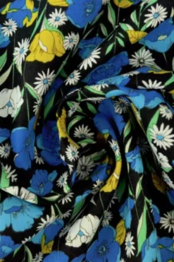 Katoen - Flowers in the Field - Blue on Black