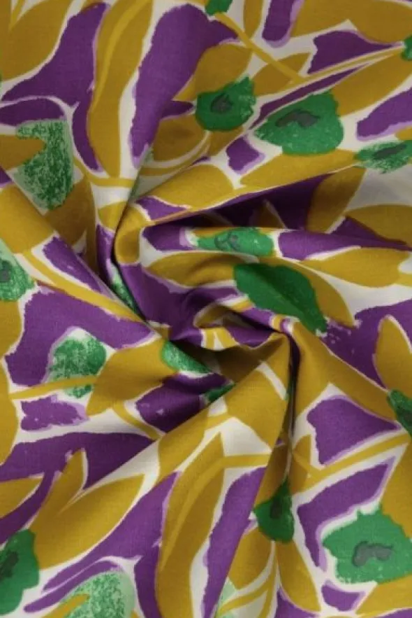 Katoen - Flower Wall Ochre/Purple/Green on White