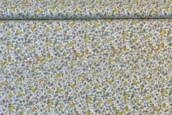 Katoen - Golden and Tiny Blue Flowers on White