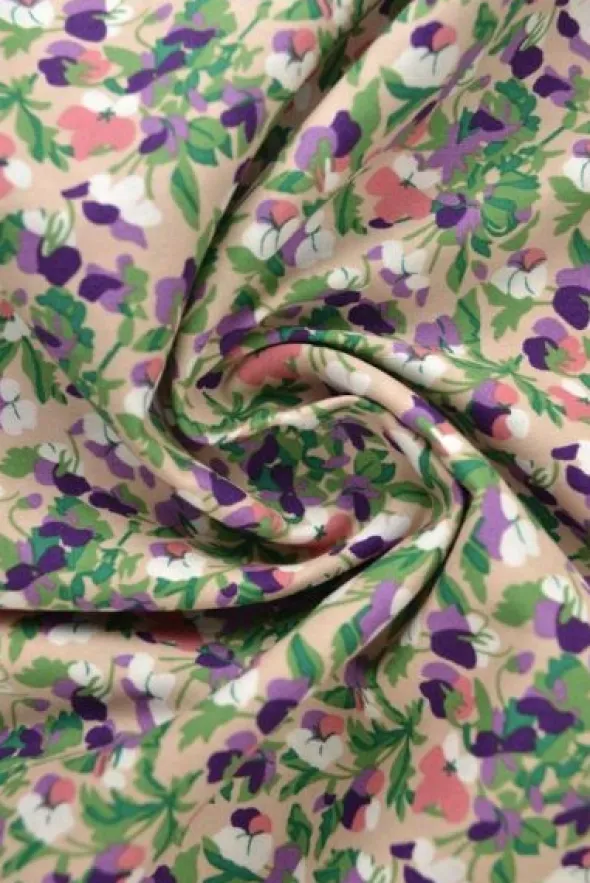 Katoen - Tiny Purple/Pink Pansy Flowers on Beige