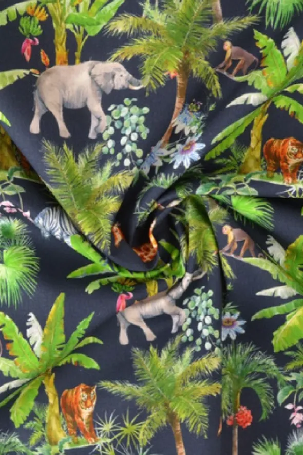Katoen - Wild Animals and Palm Trees on Navy