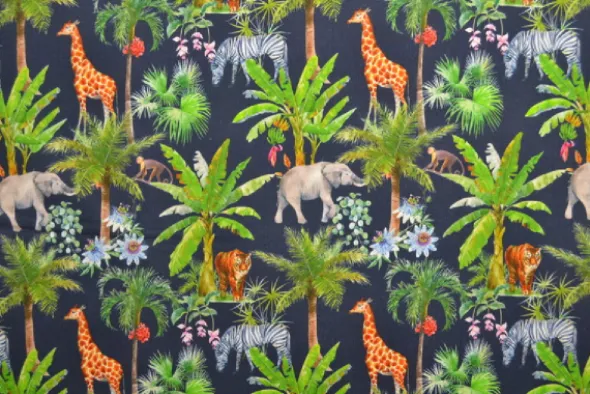 Katoen - Wild Animals and Palm Trees on Navy