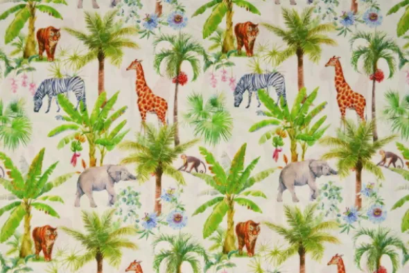 Katoen - Wild Animals and Palm Trees on White
