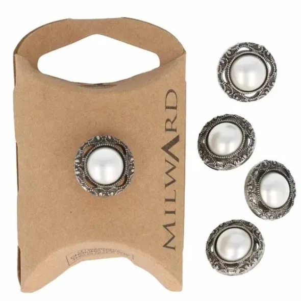 Knoop Milward - dot parel met rand Oud Zilver 15mm - 5 stuks