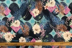 Lycra - Beige Flowers on Dark blue/ Aqua Tiles