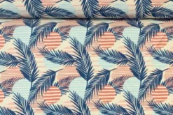 Lycra - Blue Palmleaves and Coral Circles on Creme