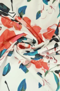 Lycra - Orange and Coral Spring Flowers on White