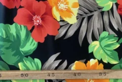 Lycra - Taupe Tropical Leaves and Red Flowers on Black