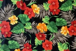 Lycra - Taupe Tropical Leaves and Red Flowers on Black