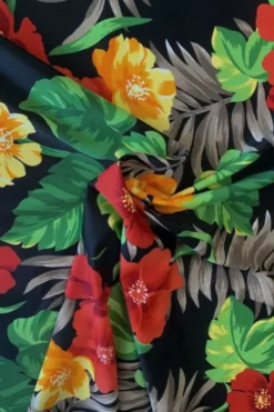 Lycra - Taupe Tropical Leaves and Red Flowers on Black