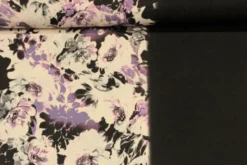 Lycra Tricot - Purple and Black Flowers on White
