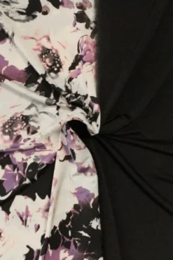 Lycra Tricot - Purple and Black Flowers on White