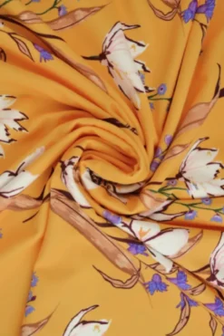 Lycra - White and Purple Flowers on Sunny Yellow