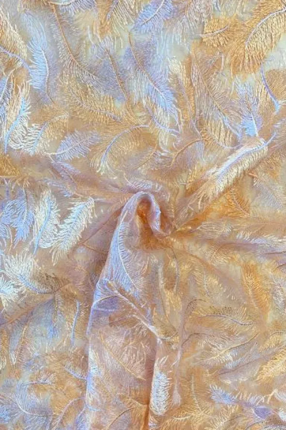Mesh - Embroidery Feathers - Apricot/White