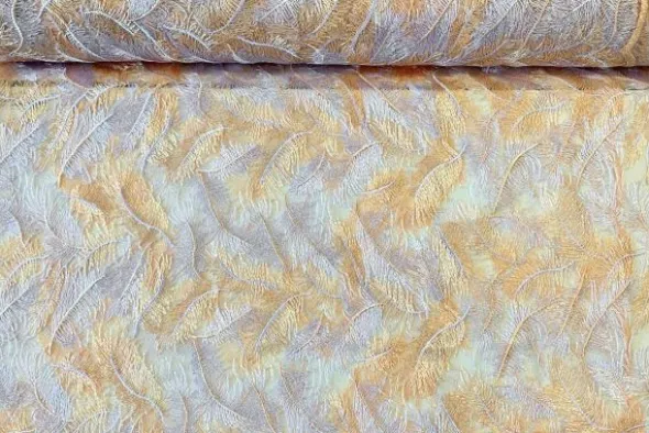 Mesh - Embroidery Feathers - Apricot/White