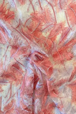 Mesh - Embroidery Feathers - Coral/White