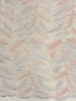 Mesh - Embroidery Feathers - Light Peach/White