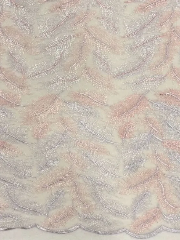 Mesh - Embroidery Feathers - Light Peach/White